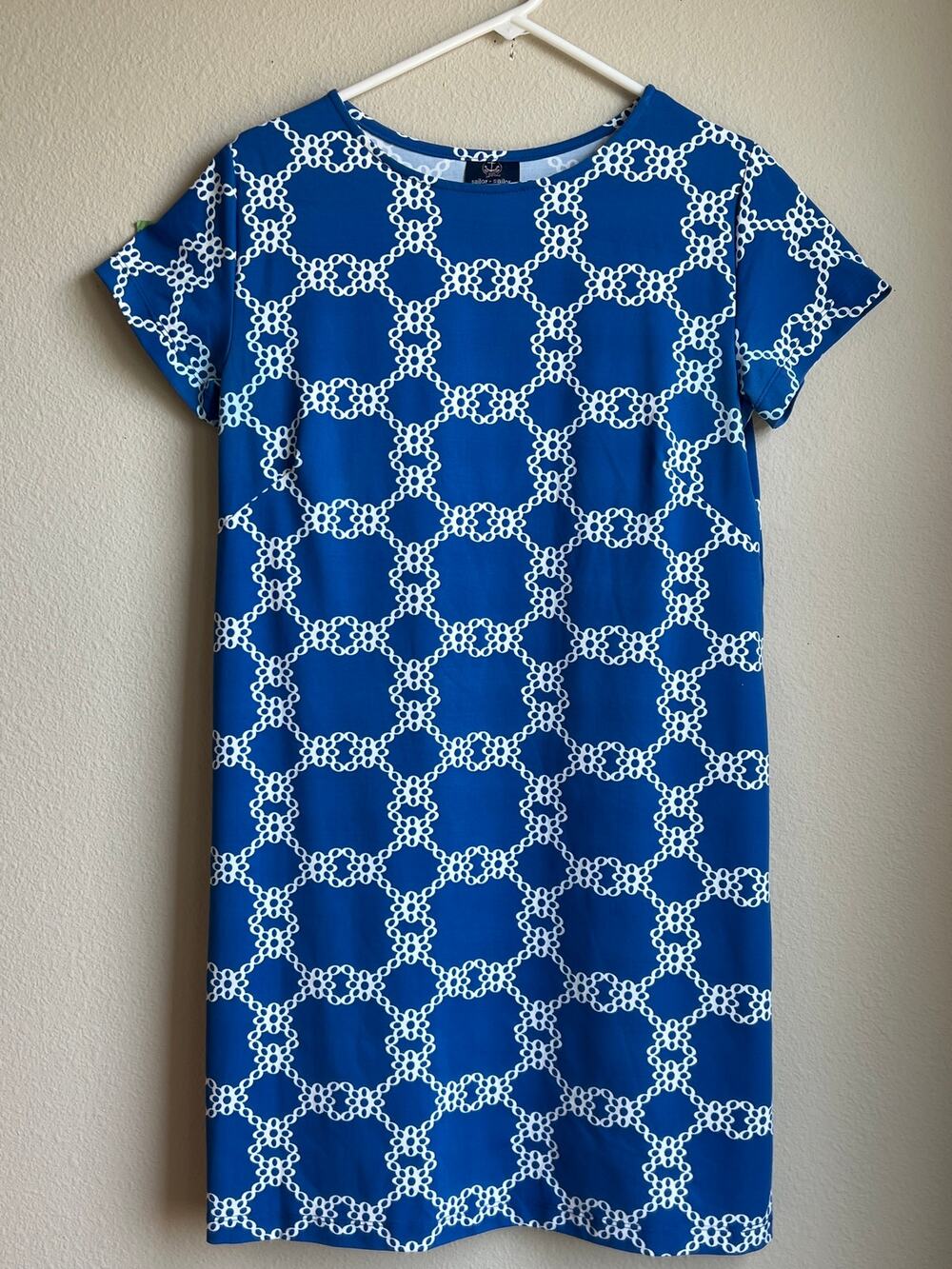 Sailor-Sailor Blue White Lattice Link Short Sleeve Shift Dress Medium